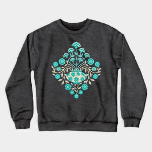 DREAMY DAMASK Cottagecore Floral Botanical Damask with Vase Turquoise Teal Cream - UnBlink Studio by Jackie Tahara Crewneck Sweatshirt